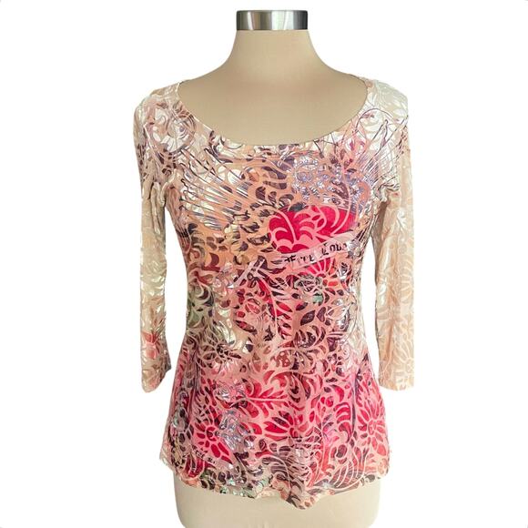 Carrie Allen VTG Floral Velvet Burnout 3/4 Sleeve LARGE Fairy Whimsy Tattoo Art - Picture 2 of 8